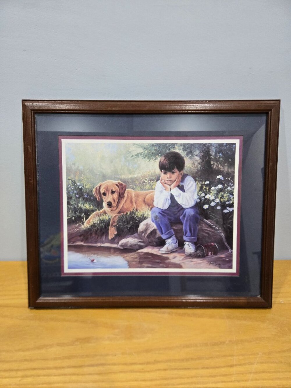 Vintage Home Interiors HOMCO Framed Art Print "Fishing" Boy & Dog by Picken